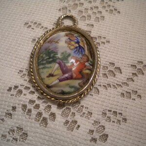 LIMOGES France Porcelain Oval PENDANT Goldtone Metal Hand Painted Vintage 2"
